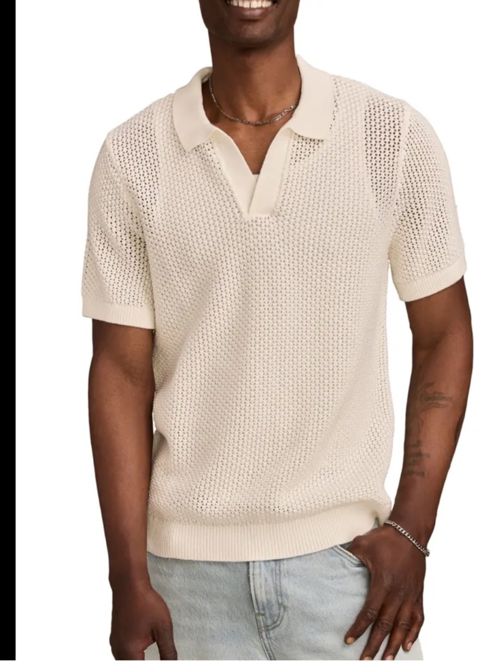 Lucky Brand Cream Pointelle Open Knit Johnny Collar Sweater Top Large